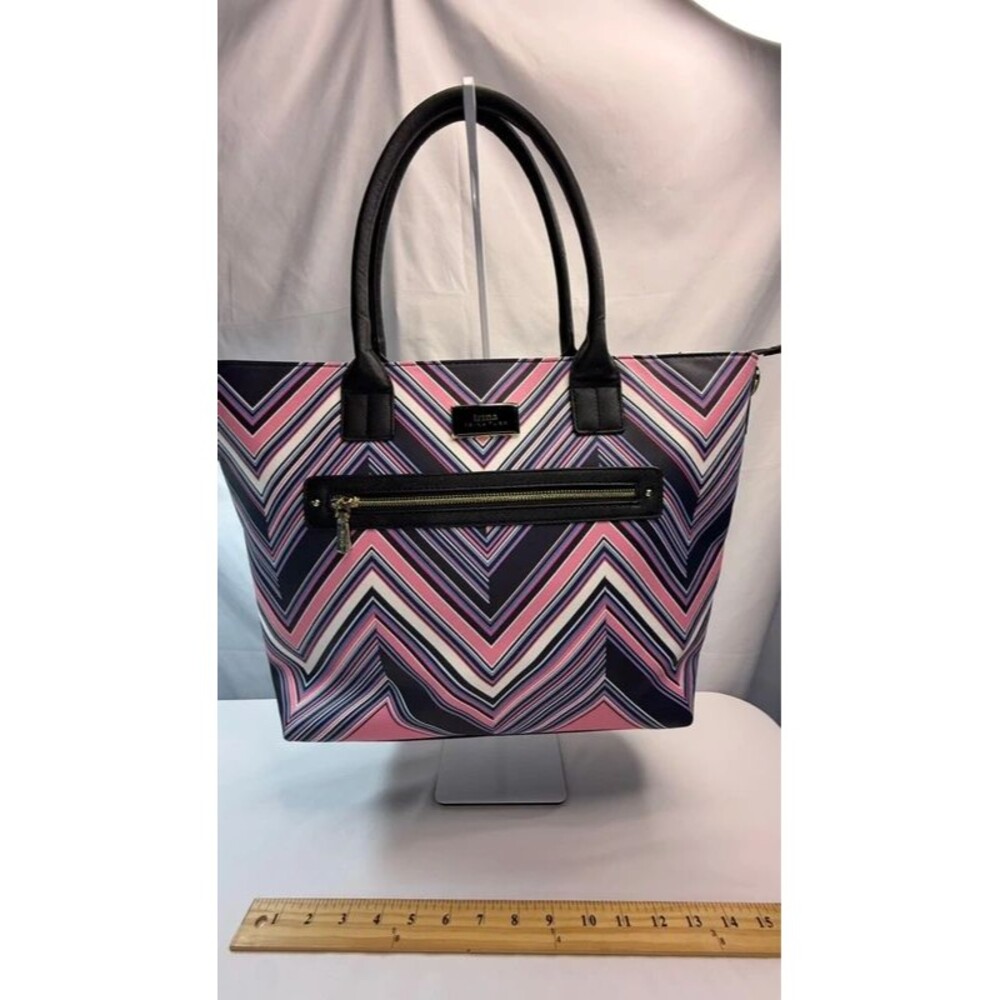 Trina Turk Chevron Vegan Leather Large Tote Bag - Pink, Purple & Black EUC